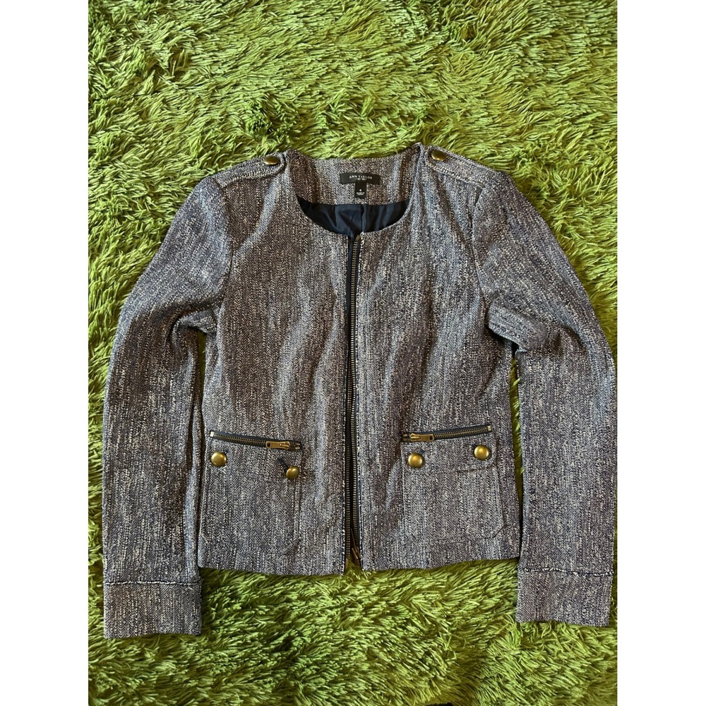 Ann Taylor Jacket Women 4 Blue Tweed Moto Professional Full Zip Military Style